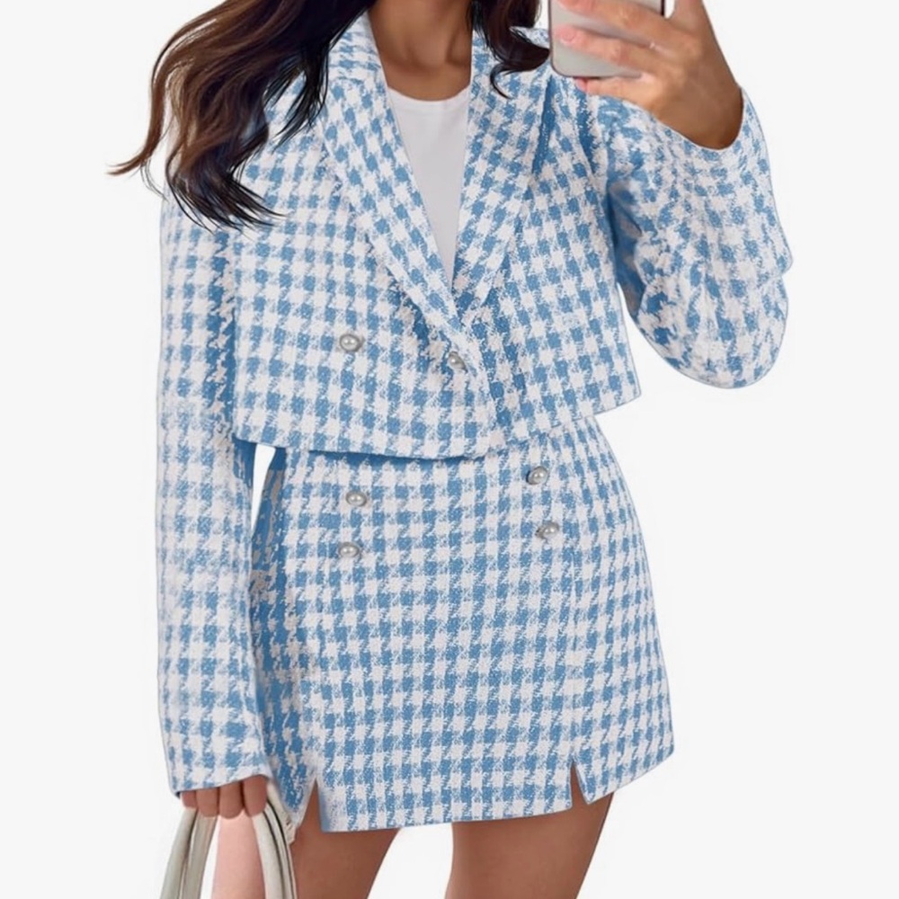 Amazon Houndstooth Blazer in Blue and White